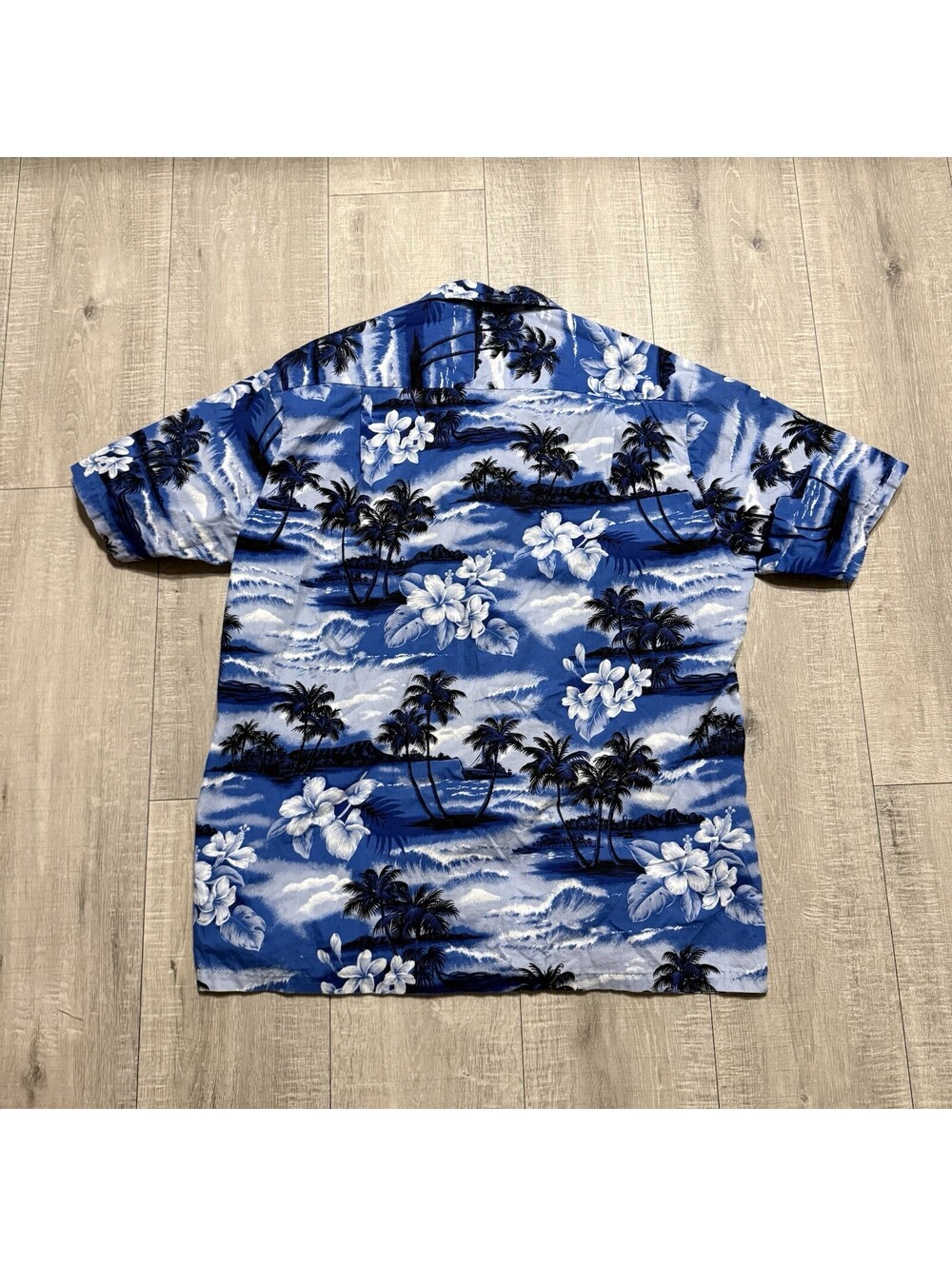 RJC Hawaiian Shirt Blue Palm Trees Floral Print Cotton USA Hawaii Made Men’s L - Picture 2 of 7